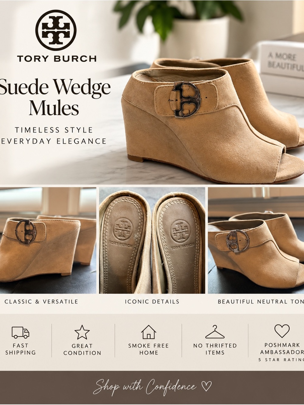 Tory Burch Tan Suede Wedge Mules with Logo Buckle